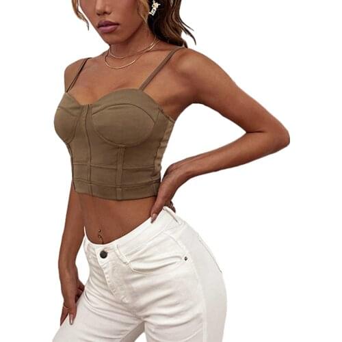 Womens Sexy Corset Crop Tops Club Summer Spaghetti Strap Solid Color Push Up Bustier Tops Party Clubwear