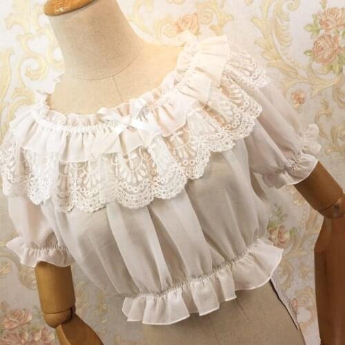 Summer New Women Tube Tops Loyal Princess Lace Embroidery Ruffled Puff Sleeve Basic Vintage Lolita Short Chiffon Shirts