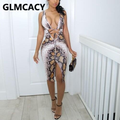 Women Sleeveless V Neck Lace Up Midi Dress Sexy Slim Slit Party Club Dresses