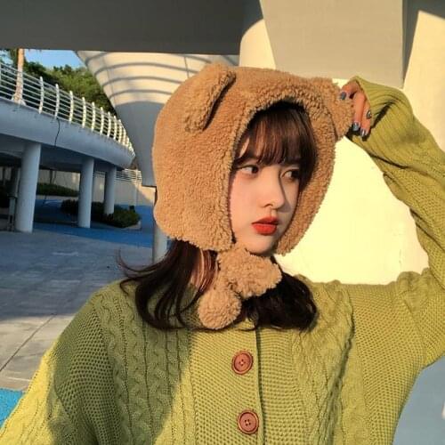 1pc Winter Cute Bear Ears Warm Hat New Fashion Solid Beanies Women Windproof Cap Student Women Add Wool Cap Female Hat Present