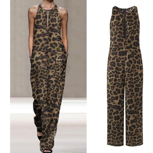 2021 VONDA Party Rompers Women Jumpsuits Vintage Leopard Printed Playsuits OL Hollow Sleeveless Overalls Casual Pants Plus Size