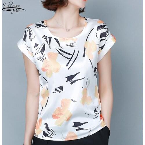 2021 Summer Korean Loose Plus Size 4XL Blouse Women Short Sleeve O Neck Womens Shirts Printed Silk Tops Chemisier Femme 9452 50
