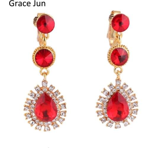 Grace Jun Top Qulaity Austria Crystal Rhinestone Gold Color Long Teardrop Shape Clip on Earrings Non Piercing Bridal Earrings