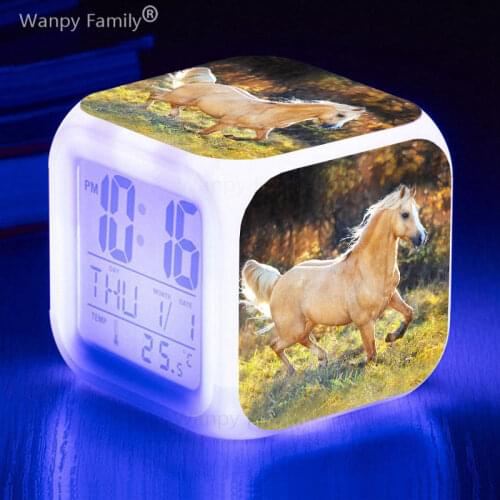 Black Horse Alarm Clock 7 Color Glowing LED Big screen Digital Alarm Clock Kids Birthday Gift Multifunction Electronic Clock