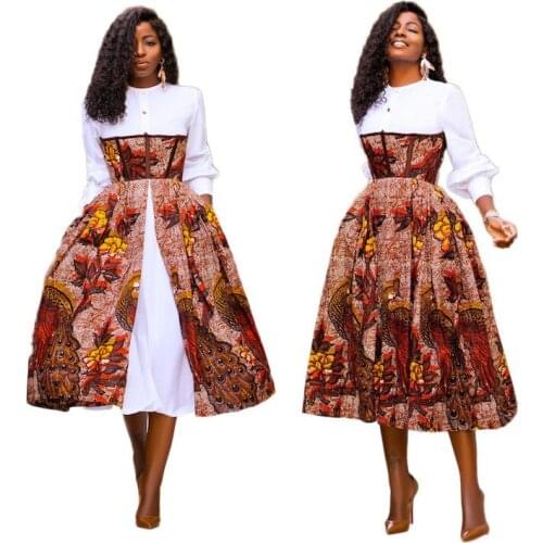 Elegant Party Women Fashion Printed Split White Dress Ankara African Clothing O Neck Long Sleeve Midi Office Lady Work Dress