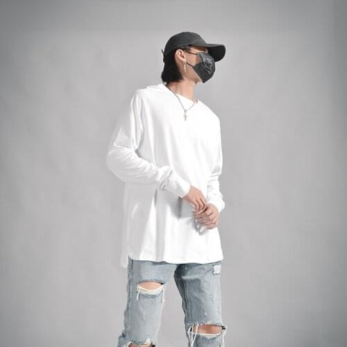 OVERSIZE European and American high street hip-hop arc hem long-sleeved t-shirt bottoming shirt Justin Bieber the same ins tide