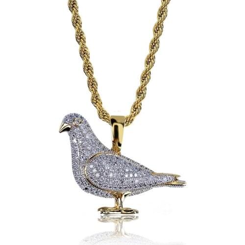 Hip Hop Micro Pave AAA+ Cubic Zirconia Iced Out Bling Gold Two Tone Pigeon Pendants Necklace for Men Rapper Jewelry Gifts