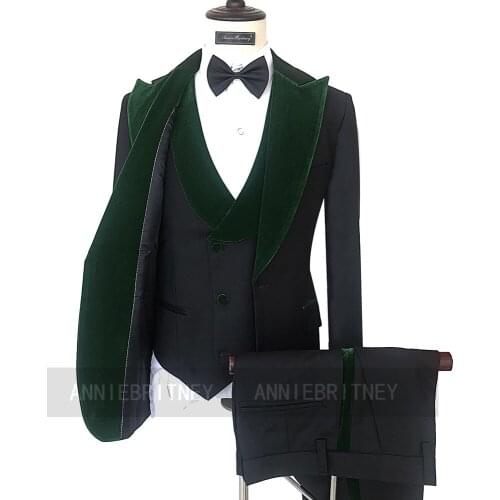 Tailored Men Suit Black With Dark Green Velvet Slim Fit Best Made Bridegroom Marriage Wedding Tuxedo Blazer Vest Pant 3 Pieces