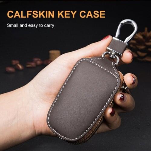Leather Car Key Case Handmade Universal Car Remote Key Protector Zipper Remote Control Key Fob Protective Cover Holder Keychain
