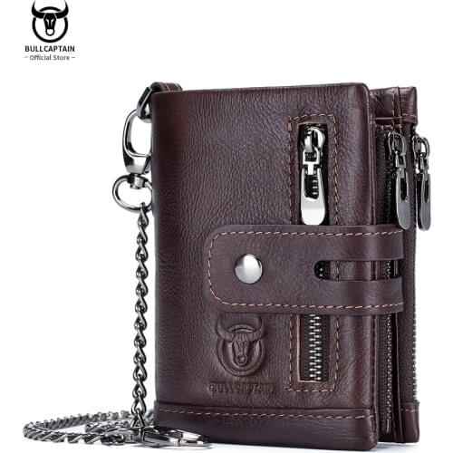 Genuine Cowhide Leather Mens Wallet RFID Anti-theft Chain Coin Fold Purse Hasp Zipper Photo ID Card Holder Male Portefeuille