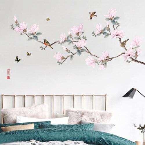 Flowers Wall Stickers Tree Bird Home Decor Sofa TV Chinese Style Decals for Furniture Bedroom Living Room Vinyl Art Peach Poster