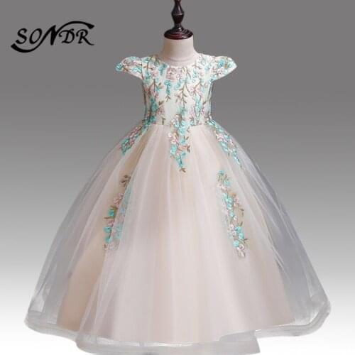 Elegant Kids Party Dress For Wedding HT207 Appliques Zipper Flower Girl Dresses Short Sleeve Little Girls Princess Ball Gowns