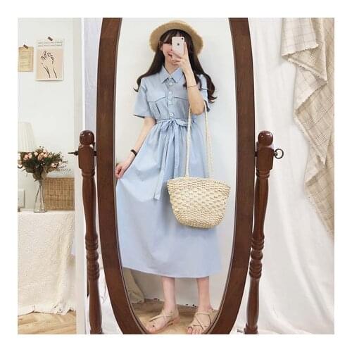 Pocket New New Summer Dress Girls Boho Party Female Vintage Dress Short Sleeve Blue Stripe Women Dresses Long Robe Vestido