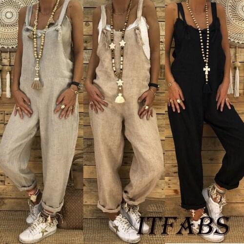 Hirigin New Womens Casual Cotton and Linen Romper Loose Bib Pants Wide Leg Jumpsuits Vintage Baggy Overalls with Pockets