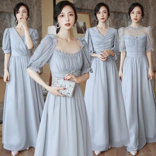 Bridesmaids Dress Vintage Fashion Half V-Neck Jersey Floor-Length A-Line Pleat Luxury Gray Elegant Women Wedding Party Gown E661