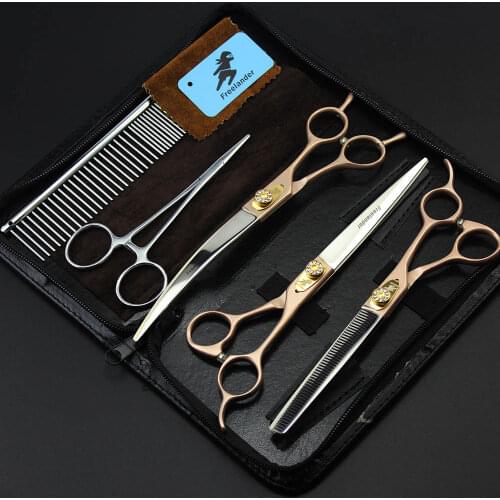 3Pcs/Set 7" Professional Pet Dog Grooming Hai Scissor Rose Gold Cutting Tools Straight Curved Thinning Shears Clippers For Dogs