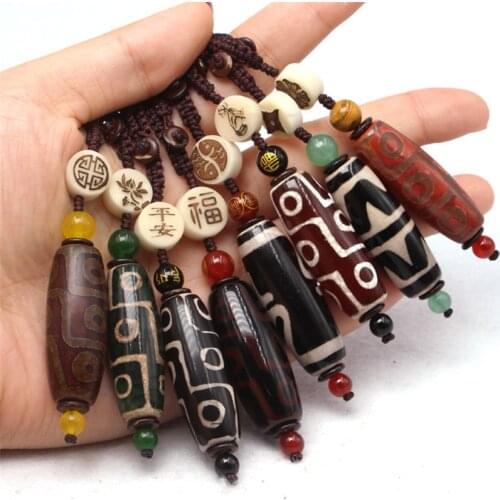Hand Craft Natural Agat Stone Keychains Handbag Purse Holder Retro Healing 40mm Buddha Tibetan Dzi Agates Nine Eyed Key Chains