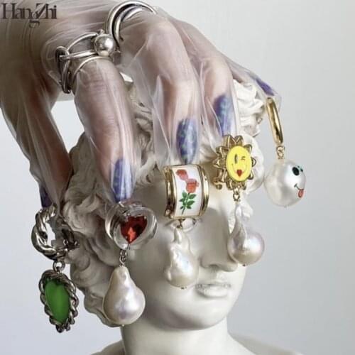 HangZhi 2021 New Baroque Pearl Dangle Yellow Enamel Sunflower Daisy Smiling Wink Face Drop Earrings for Women Jewelry Gifts