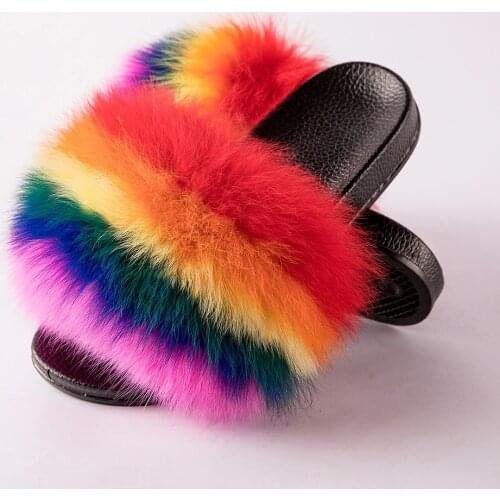 MPPM Real Fox Fur Slides For Women Fluffy Fur Slippers Fluffy Flip Flops Natural Color Fur Slides