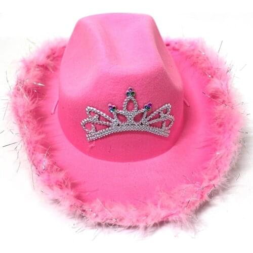 Western Style Tiara Cowgirl Hats for Women Girl Pink Tiara Rolled Fedora Feather Edge Cowboy Caps Holiday Costume Party cap