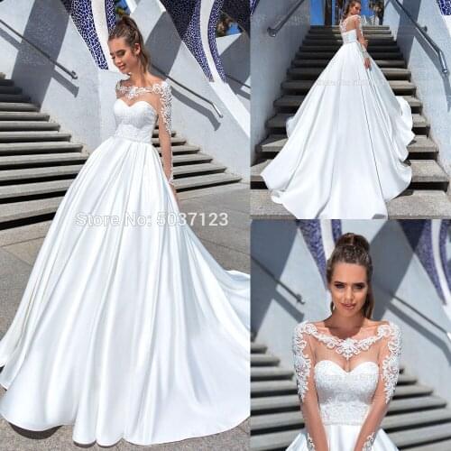 Vestido De Noiva A Line Long Sleeves Wedding Dresses Lace Appliques Scoop Lace Up Court Train Bridal Wedding Gown Custom