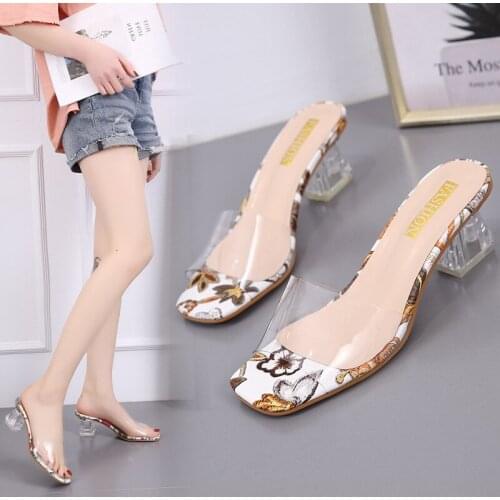 Womens Sandals 2021 Fashion Sandals Beautiful Printing Summer Sexy High Heels 2.56 Inches Slippers（Size 34-41