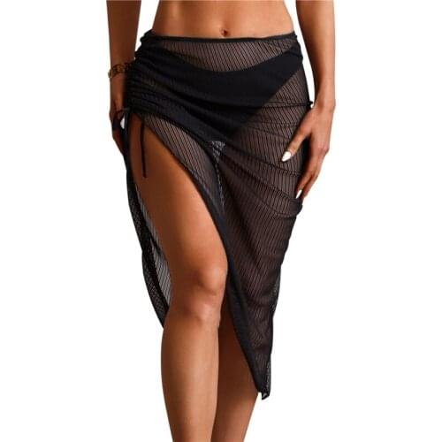 Ladies Skirts Women Perspective Bikini Cover Ups Solid Color Side Split High Waist Drawstring/Tie-up Skirt Beachwear