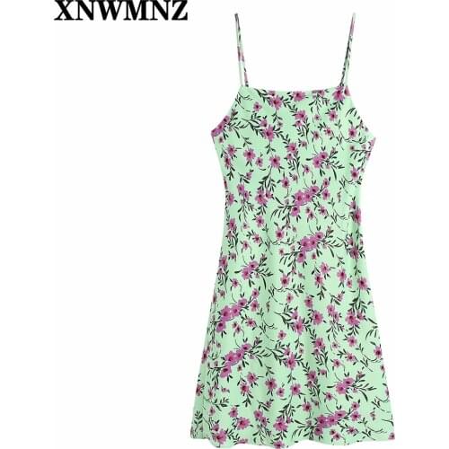 XNWMNZ New Wome Fashion Leaves Flower Print Sling Mini Dress Female Chic Backless Button Up Spaghetti Strap Slim Vestidos Lady