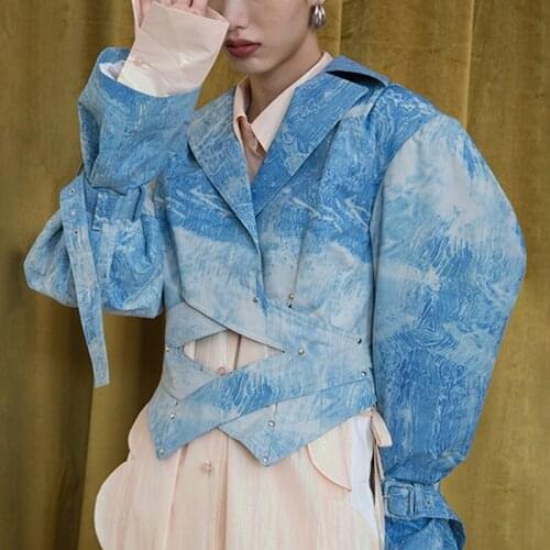 2021 New Print Hit Color Coat For Female Lapel Collar Lantern Long Sleeve Bandage Womens Casual Coat Fashion Streetwear Tide