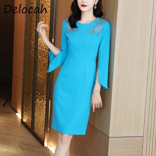 Delocah New 2021 Autumn Women Fashion Runway Midi Dress Long Sleeve Gorgeous Crystal Beading Blue Print Ladies Dresses Vestidos