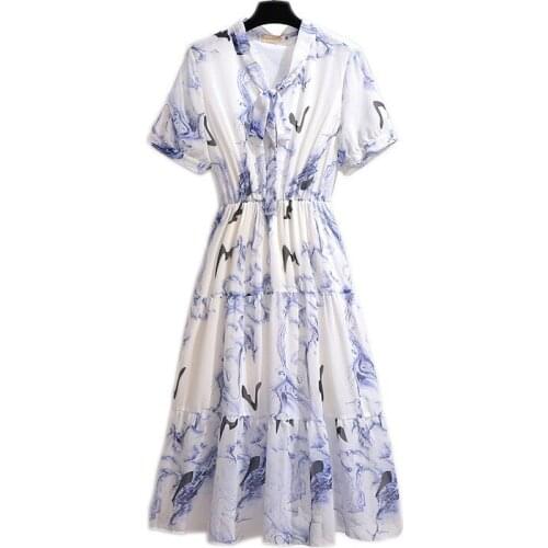 2020 Bohemia oversize women summer Ink print short sleeve dress chiffon slim A-line dresses elegant female Plus size 6XL G848