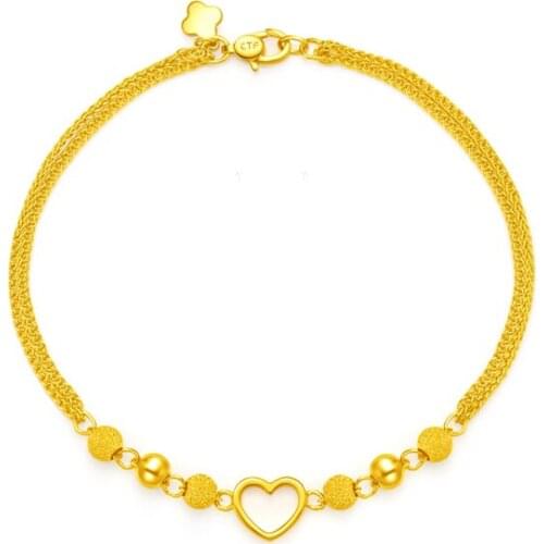 Pure 24K Yellow Gold Bracelet 999 Gold Heart Beads Link Bracelet For Women
