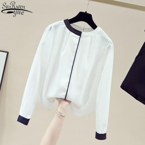 Korean Womens Chiffon Blouse Slim Stand Collar White Long Sleeve Womens Shirt Office Lady Style Fashion Women Blouse 11174
