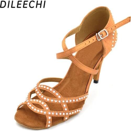 DILEECHI Woman salas Satin Black And bronze Color Diamond Latin Dance Shoes 8.5cm Sexy High Heel Zapatos De Baile Latina