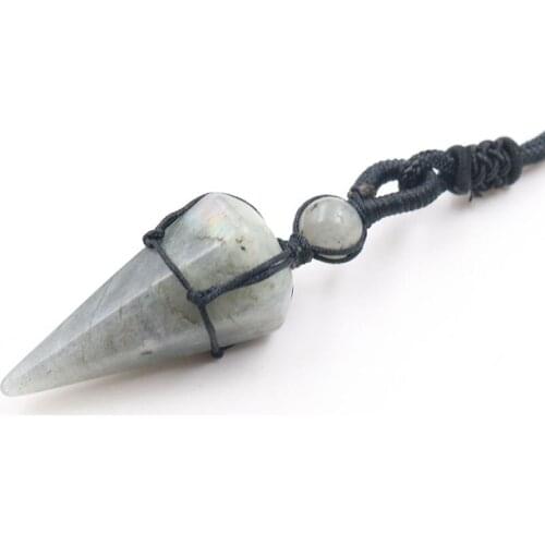 FYSL Hexagon Pyramid Labradorite Stone Pendant Rope Chain Necklace Lapis Lazuli Handmade Weave Jewelry