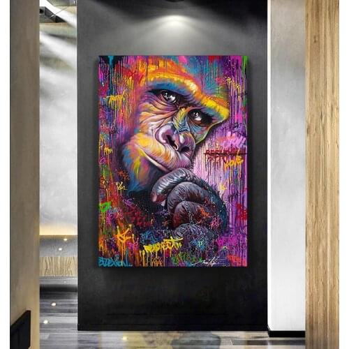 Graffiti Red Gorilla Colorful Chimpanzee Modern Artwork Painting Oil Painting Canvas Street Style Living Room Office Home Decor
