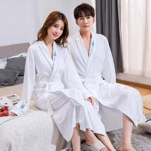 100% Cotton Lovers Bathrobe Embroidery Soft Homewear Women Sleepwear Men Pajamas Dressing Gown Five-Star Hotel Robes for SPA