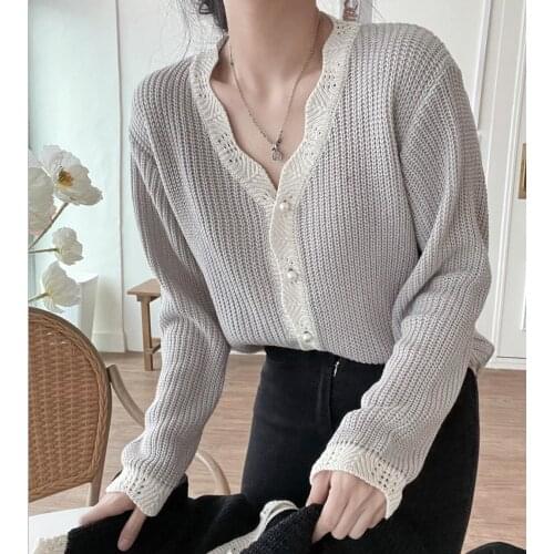 Vintage Knitted Cardigan Sweater Coat Ins Early Autumn Korea Female Loose Gentle Wind Patchwork Spliced Single Breasted Women