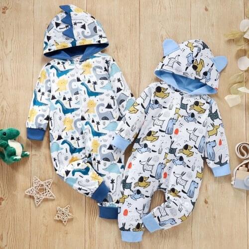Infant Baby Rompers Jumpsuit Hooded Toddler Baby Boy Girl Dinosaur Dog Hooded Printed Long Sleeve Trousers Romper Infant Clothin