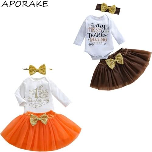 2021 0-18M Baby Girls Clothes Set Halloween Letter Print Long Sleeve O-neck Romper+Bow Short Tulle Skirt+Headband 3pcs For Party