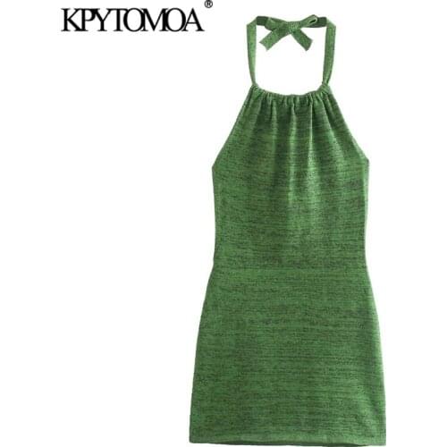 KPYTOMOA Women 2021 Sexy Fashion Backless Knitted Mini Dress Vintage Halter Collar With Bow Tied Summer Female Dresses Vestidos