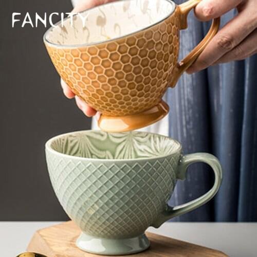 FANCITY Creative Breakfast Cup Oatmeal Cup Large Size Ceramic Cup Large Capacity Milk Cup Coffee Cup Mug Bowl Cup