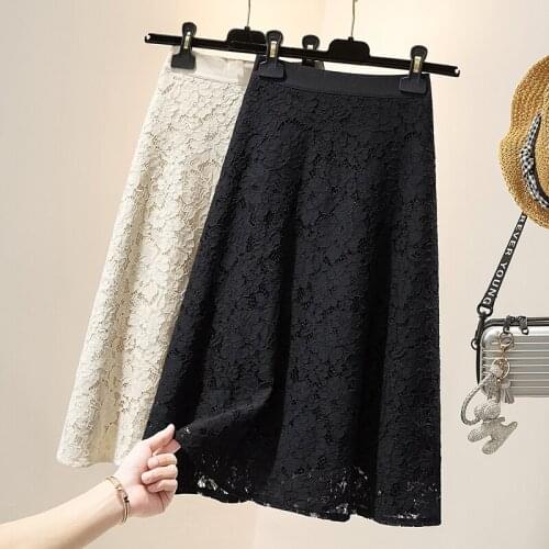 Lace Women Skirts Summer New 2021 High Waist A-Line Solid Hollow Out Knee-Length Elegant Office Lady Clothing Top Quality