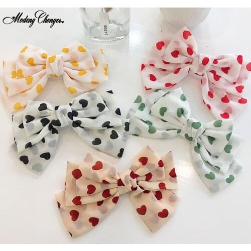 Fashion Fresh HairClips Korea Style Side Clips Women Heart Printed Bow Barrettes Chiffon Hairpins Girls Hair Ties Accessories