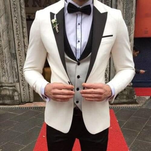 Fashion Wedding Suit For Men White Coat Vest Black Pants Slim Fit 3 Piece Custom Made Plus Size Formal Best Man Party Tuxedo Set