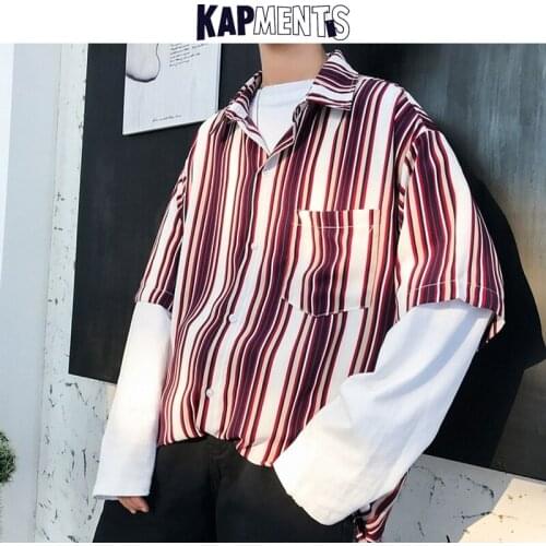 KAPMENTS Men Harajuku Patchwork Short Sleeve Shirts 2021 Summer Mens Vintage Korean Fashions Striped Shirt Male Pockets Blouse