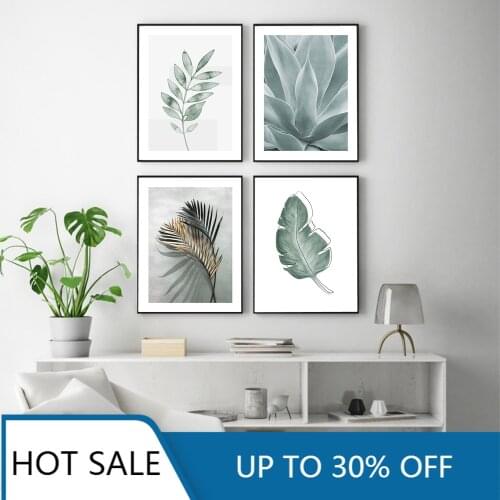 Nordic Leaves Wall Art Canvas Painting Gold Green Shadow Plants Posters and Prints Wall Decor Pictures For Home Room Decor