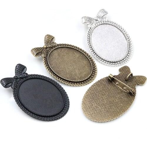 New Fashion 5pcs 30x40mm Inner Size Antique Silver Plated Bronze and Black Pin Brooch bow-knot Style Base Setting Pendant Tray