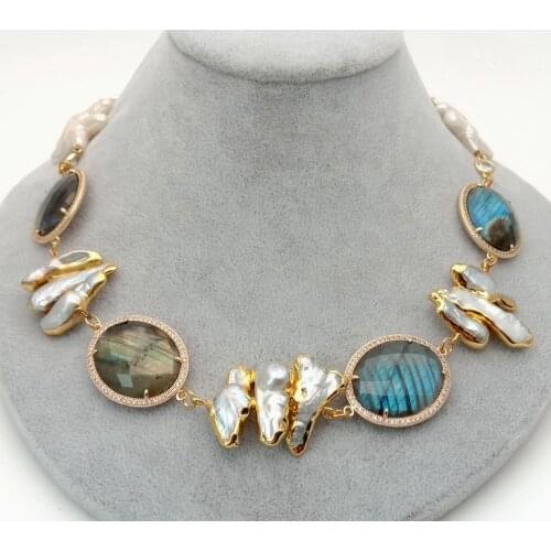 YYGEM Cultured White Biwa keshi Pearl Yellow gold Edge Labradorite Faceted Oval choker Necklace 19