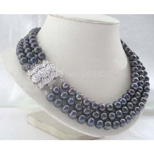 Zircon clasp - AAA 17-19" 3row 8-9mm black round freshwater pearl necklace